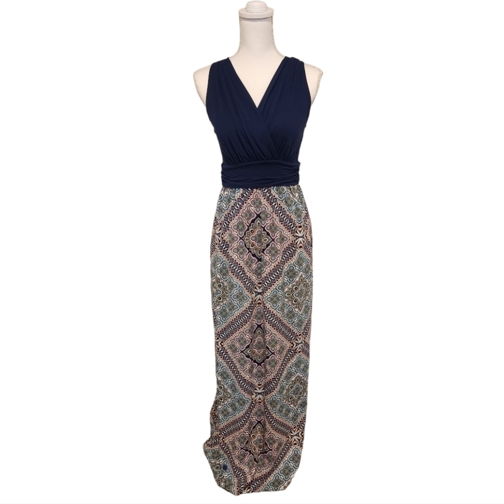 Gilli Navy Blue Sleeveless Faux Wrap Top Geometric Print Maxi Dress, medium